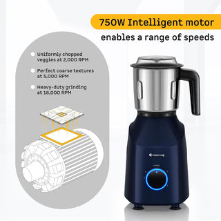 Atomberg Yulia 750 Watt Mixer Grinder | 4 Multipurpose Jars including Chopper Jar | Coarse Mode for Silbatta-like Textures | Powerful Intelligent Motor | Advanced Safety Features | Ritz Blue