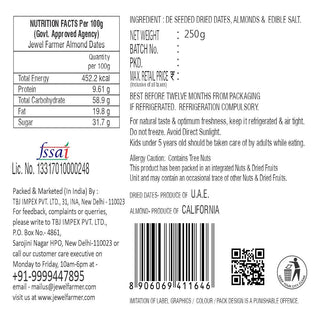 JEWELFARMERAlmondDatesDeseededDriedBadaamKhajoorRichinFibre_Protein_Calories-250g_Silkroutes2