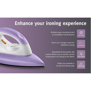 Usha Armor 1100W Dry Iron with Shock Proof Plastic Body | Single Coat Black Non Stick Soleplate for Longer Durability | Overheat Safety Shutoff | 180° Swivel Cord | 2 Years Warranty | (Purple & White)