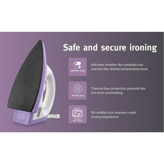 Usha Armor 1100W Dry Iron with Shock Proof Plastic Body | Single Coat Black Non Stick Soleplate for Longer Durability | Overheat Safety Shutoff | 180° Swivel Cord | 2 Years Warranty | (Purple & White)